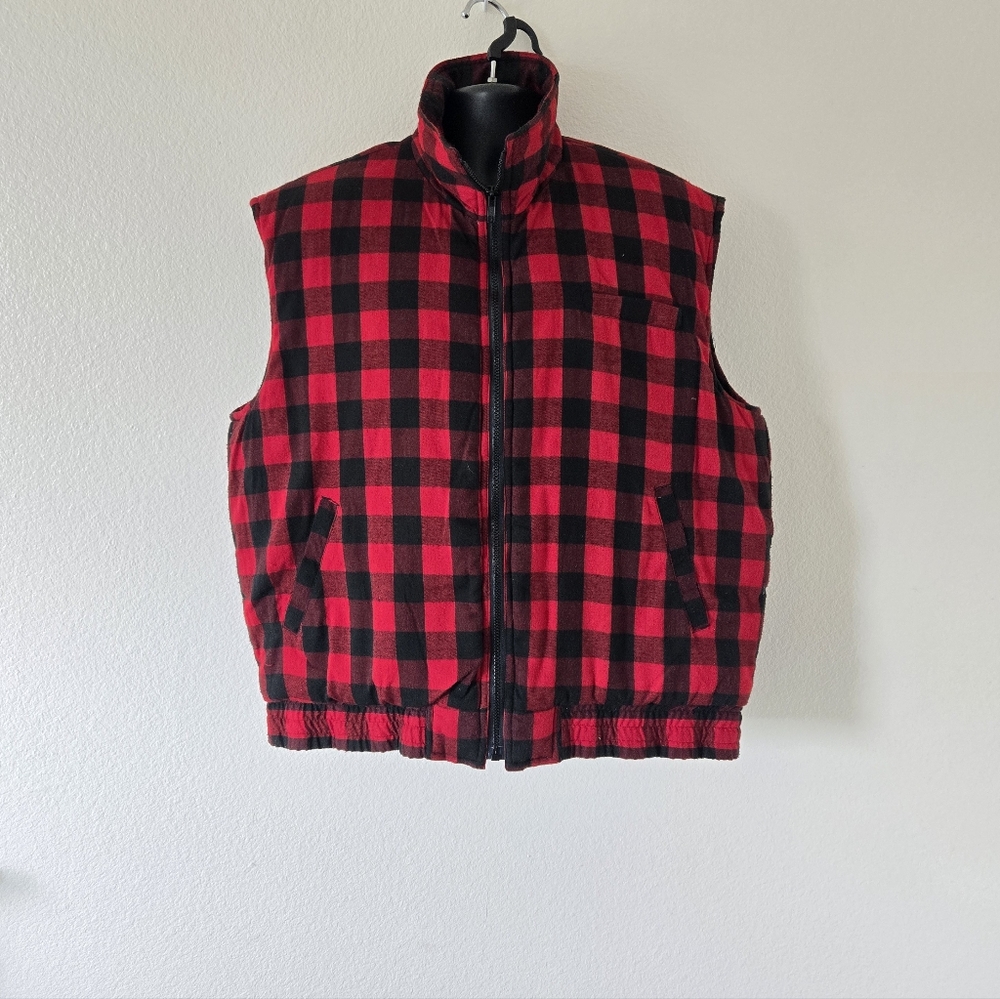 Branded Lion Vest Mens XL Red Buffalo Check Pockets Flannel‎  Utility Vintage